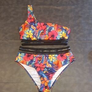 NEW. PEDDNEY Tropical Bloom One-Shoulder Bikini Set - High Waist